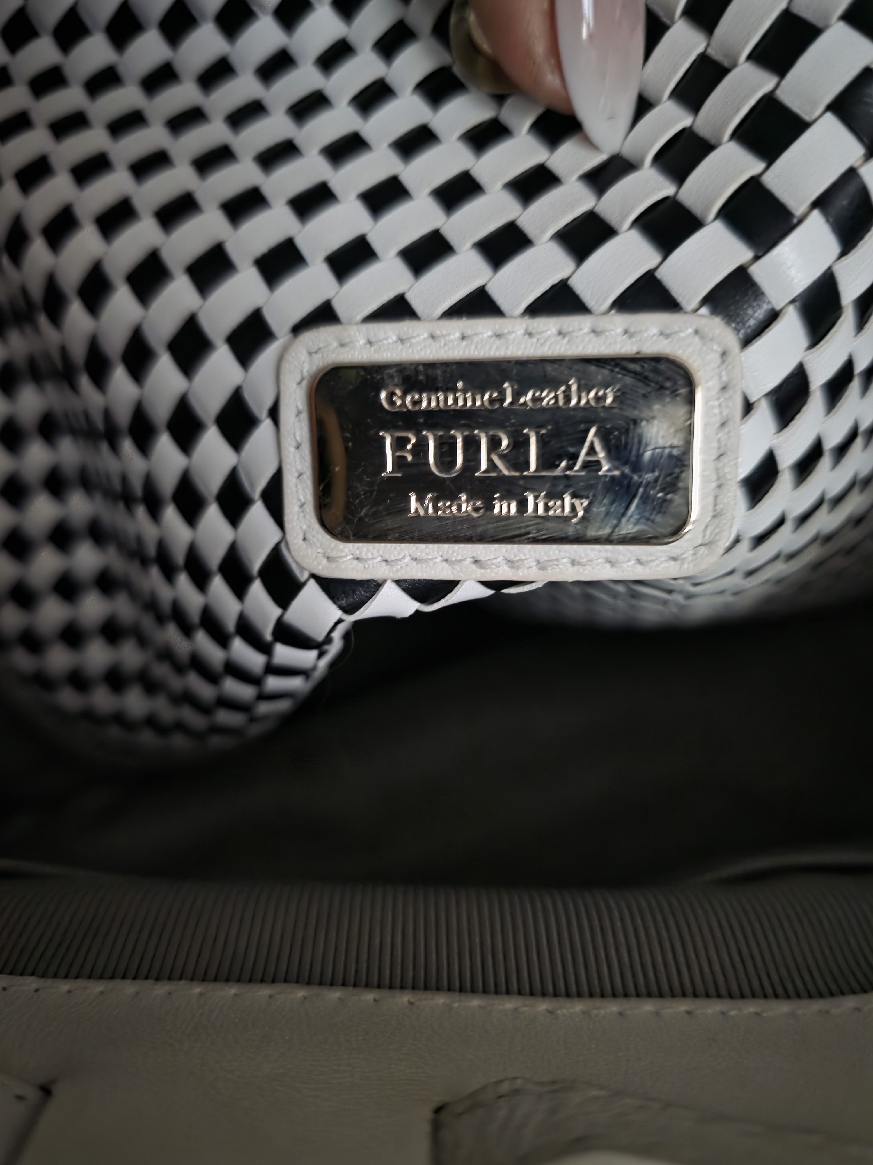 Furla Genuine Leather And Suede Ext With Black & White Woven Bag Interior Plate